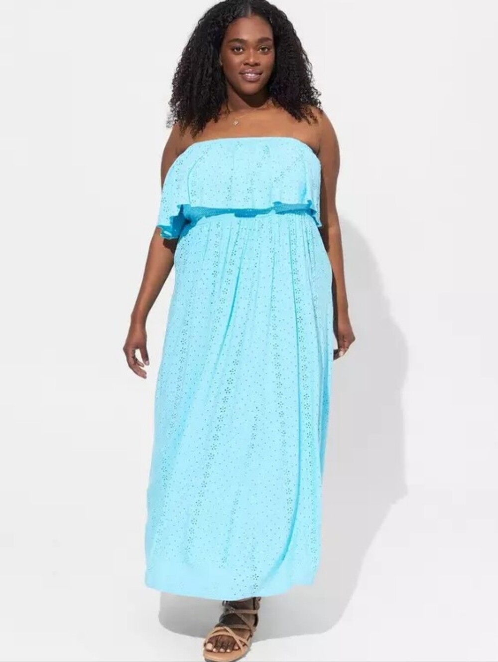 Torrid Blue Strapless Eyelet Ruffle Maxi Smocked Dress Women's Plus Size 2X NWT